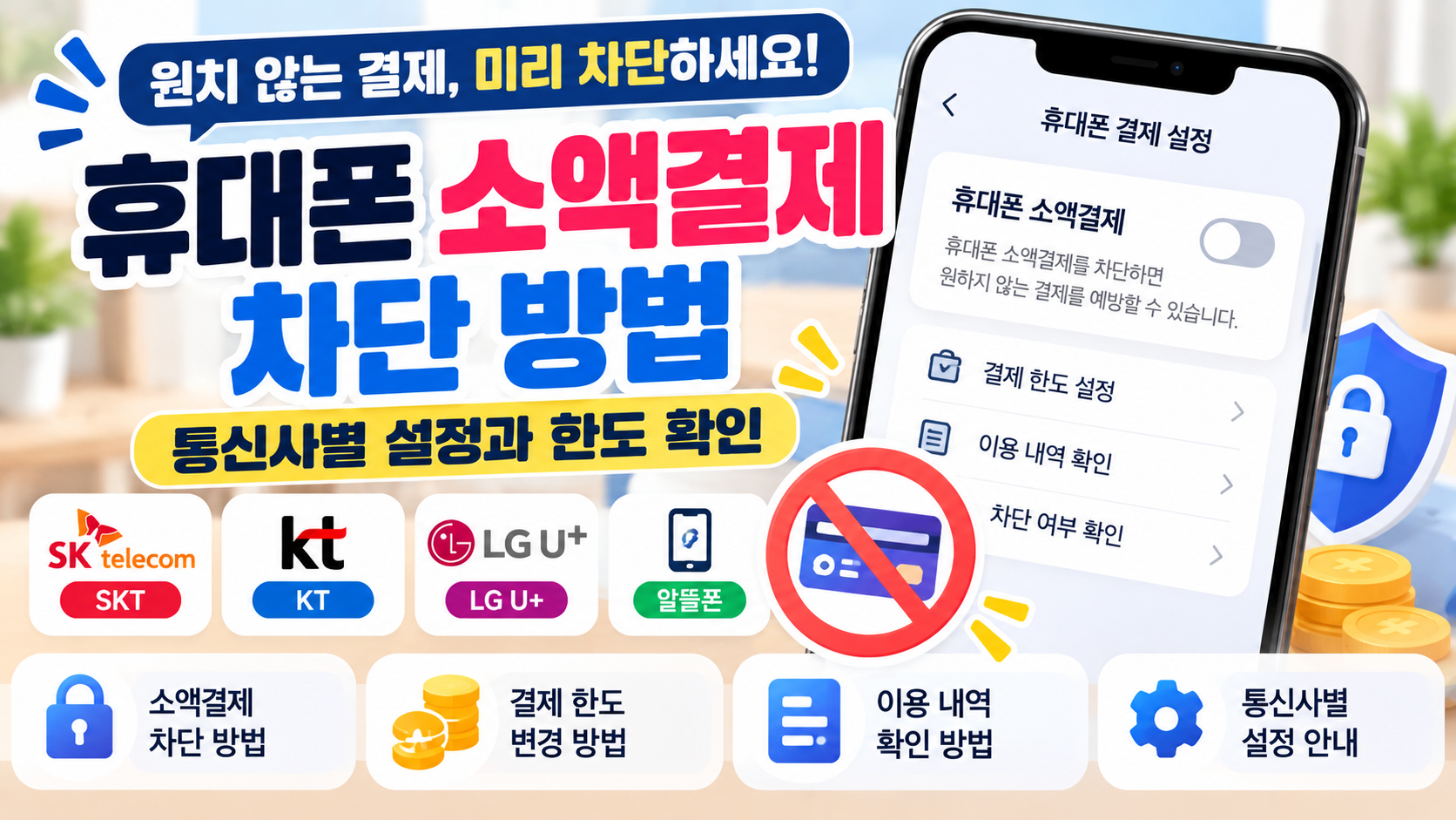 휴대폰 소액결제 차단 방법과 SKT KT LG U+ 결제 한도 설정 안내